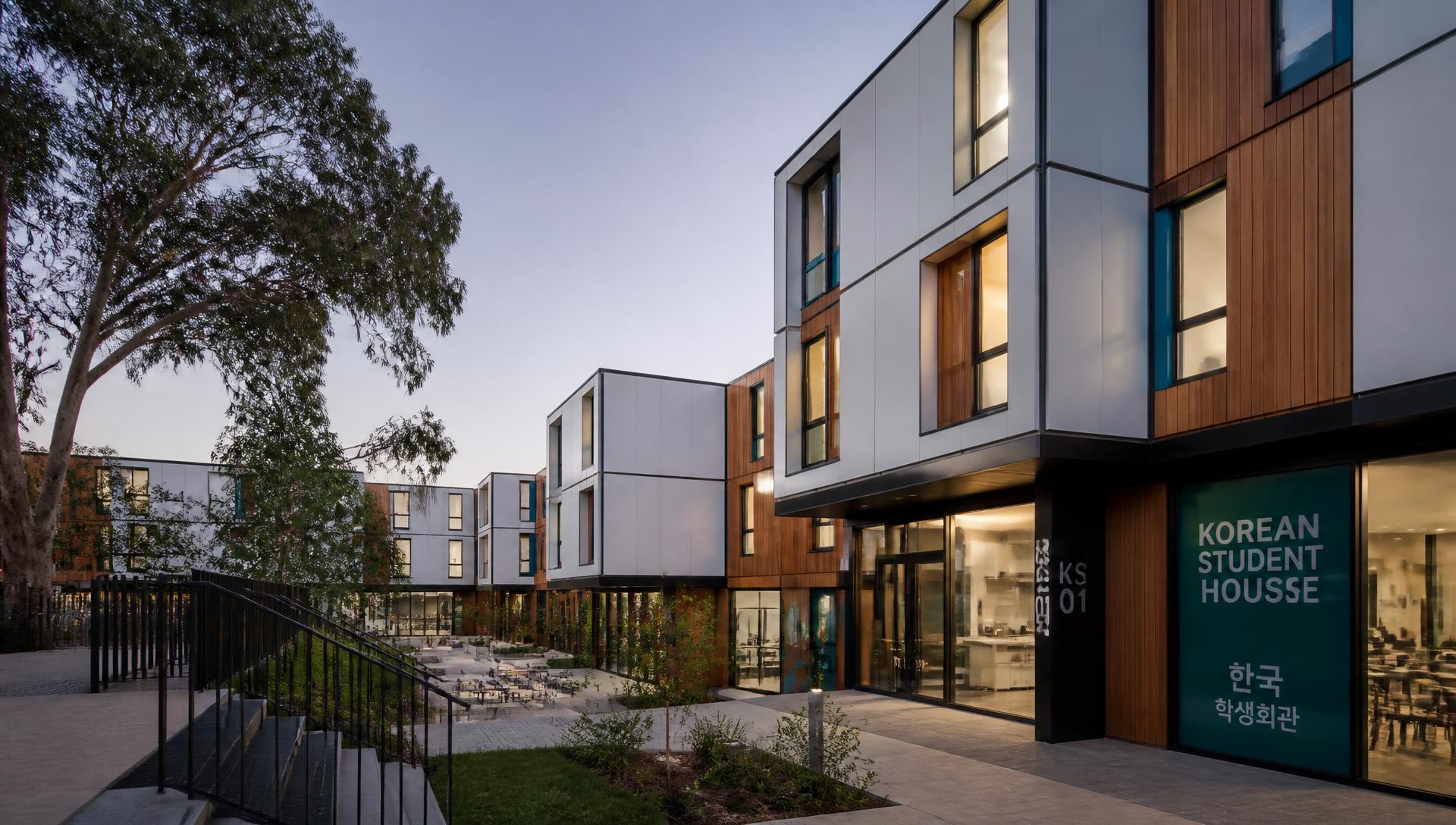 Modular purpose-built student accommodation precinct at dusk